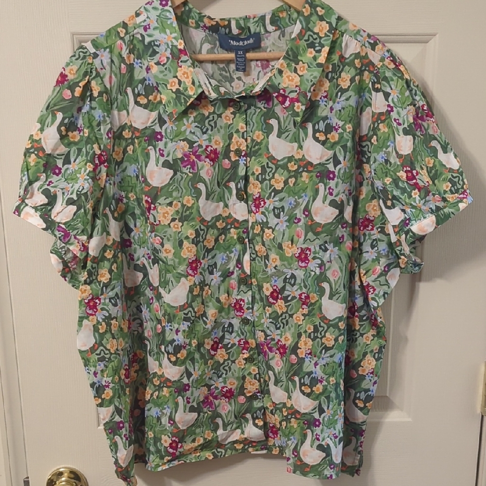 Modcloth Green Floral Button Down Shirt